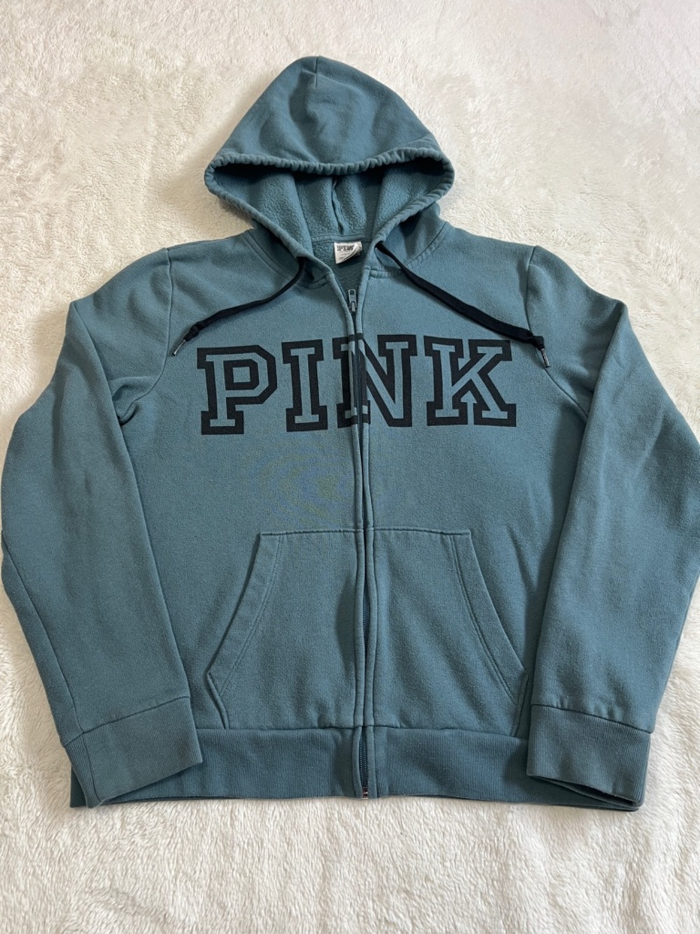 PINK Victoria's Secret Teal Zip-Up Hoodie with Black Logo. Women’s Large